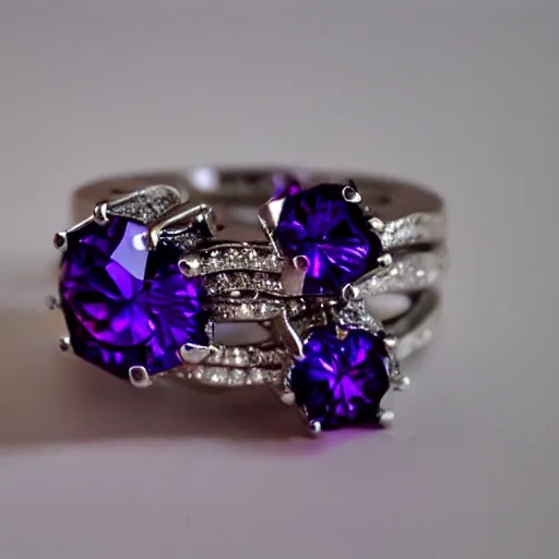 Image similar to a beautiful engagement ring on the hand of a woman, made out of shiny silver, the ring is engulfed in purple fire, high quality, photo realistic, detailed, 8k