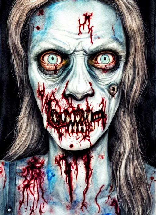 Image similar to zombie hollywood professional acting headshot, hyperrealism, intricate detailed, studio lighting, charming expression gesicht, talented watercolor, procreate illustration