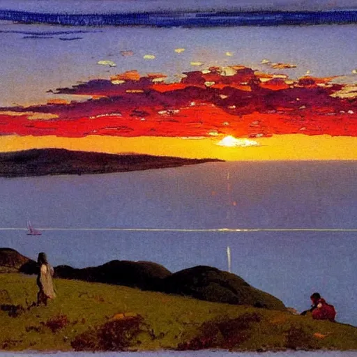 Image similar to a beautiful sunet over the san francisco bay area, by winslow homer