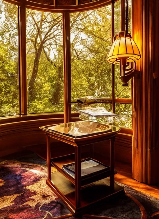 Prompt: an incredibly beautiful scene from a 2 0 2 2 marvel film featuring a cozy art nouveau reading nook in a fantasy treehouse interior. an end table with a lamp. golden hour. 8 k uhd.