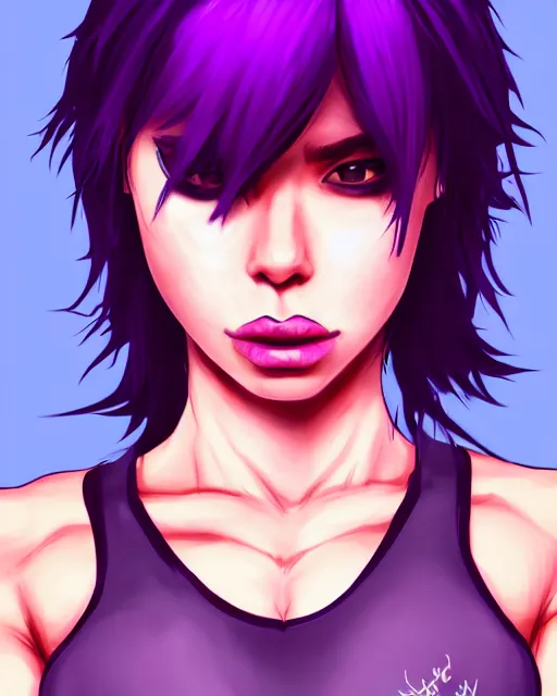 Prompt: cute female punk, perfect face, black halter top, purple hair, abs, cinematic, blush, stunning, athletic, strong, agile, highly detailed, smooth, hard focus, digital art, illustration, artstation
