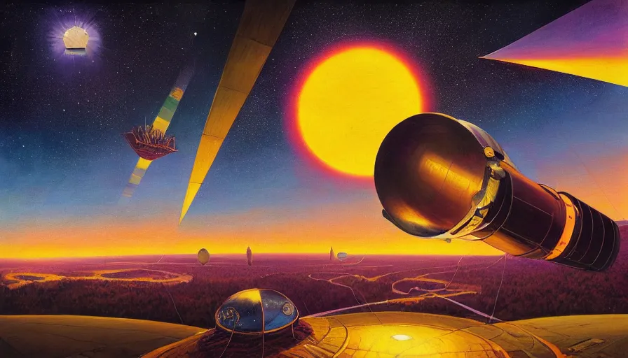 Prompt: solar sail infront of sun, in space, earth visible below, art deco painting, simon stalenhag