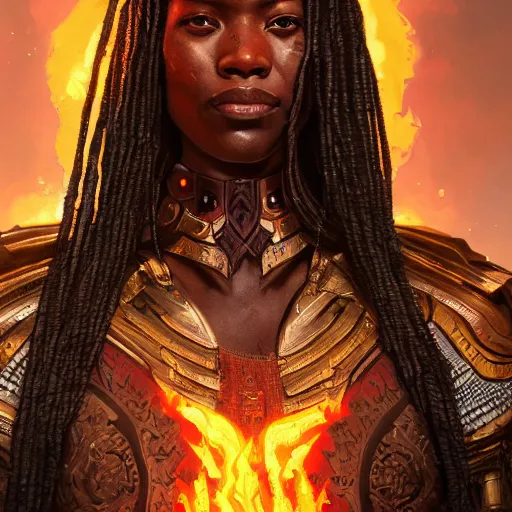 Image similar to a wakandan warrior wearing a fiery flamng armor, ultra realistic, concept art, intricate details, eerie, horror, highly detailed, photorealistic, octane render, 8 k, unreal engine. art by artgerm and greg rutkowski and alphonse mucha