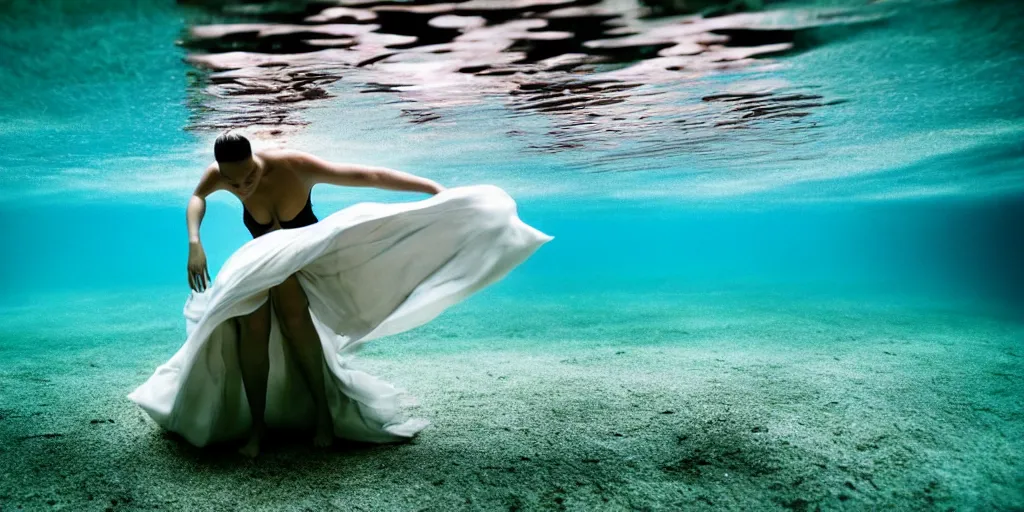 Image similar to underwater photography in large atmospheric pool of beautiful model in flat dress by emmanuel lubezki