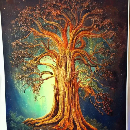 Image similar to A 100 year old ancient huge glowing tree, fantasy painting, lots of detail