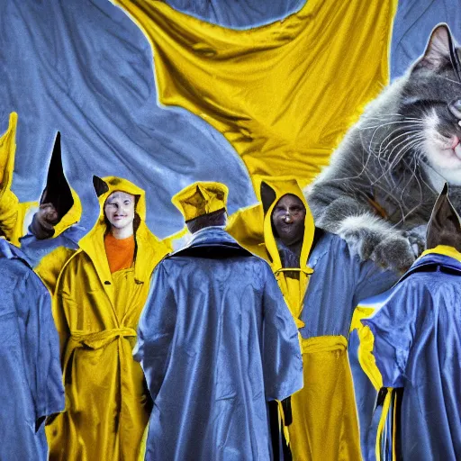 Image similar to a meeting of cat wizards dressed in yellow raincoats. A banner that reads Wiz Biz only, Fools adorns the back wall. Hypermaximalistic, hyper detailed 4k resolution photo realistic