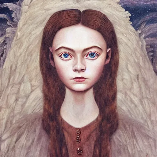 Image similar to professional painting of Elle Fanning in the style of Remedios Varo, head and shoulders portrait, symmetrical facial features, smooth, sharp focus, illustration, intricate, stormy weather, extremely detailed masterpiece,