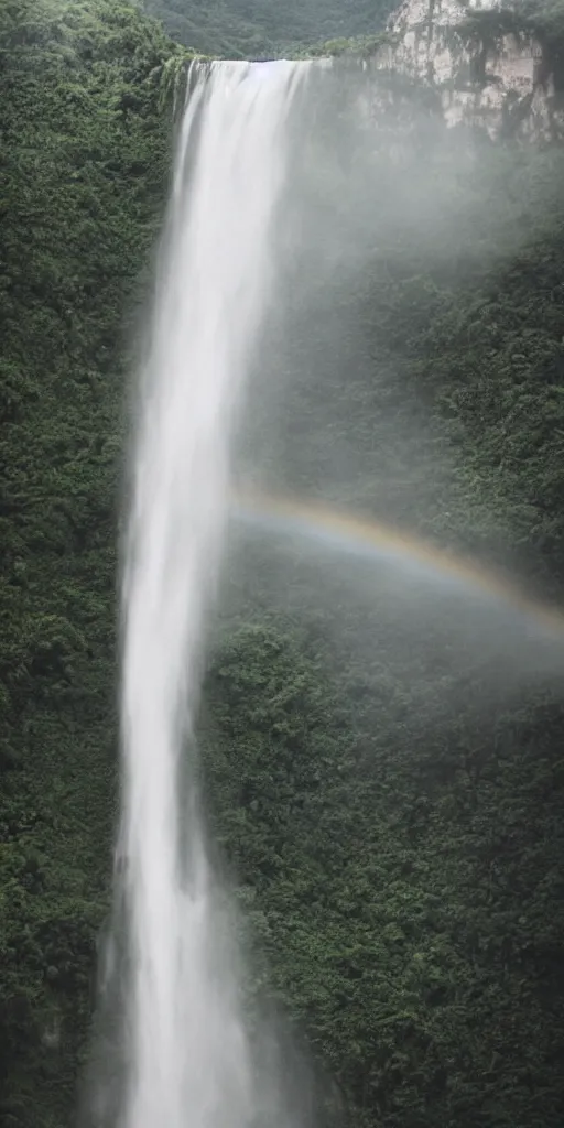 Image similar to A cloudy peak in southern China with one waterfall,one small rainbow in the middle of the waterfall. the style of National Geographic magazine