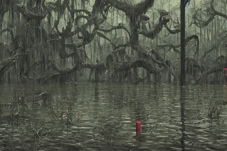 Image similar to scene from louisiana swamps,, neon cross, voodoo, 8 k, hyper detailed, artwork by tim eitel