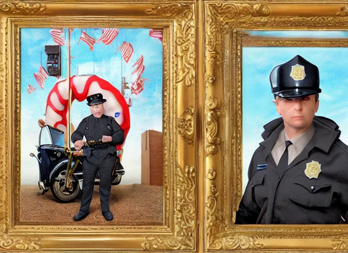 Image similar to a donut dressed like a police officer, lowbrow, matte painting, 3 - d highly detailed, in the style of mark ryden,