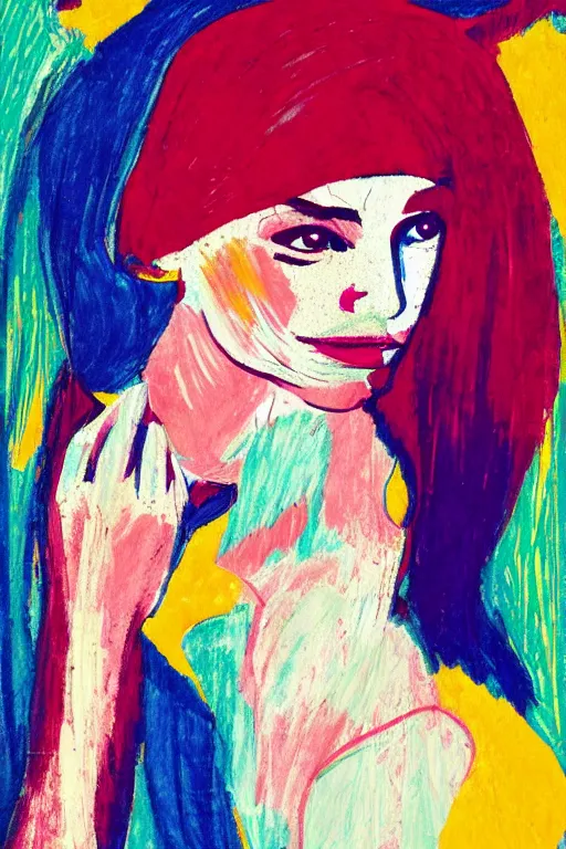Prompt: girl portrait, abstract, rich details, experimental composition, coarse texture, concept art, visible strokes, colorful, Kirchner, Gaughan, Caulfield, Aoshima, Earle