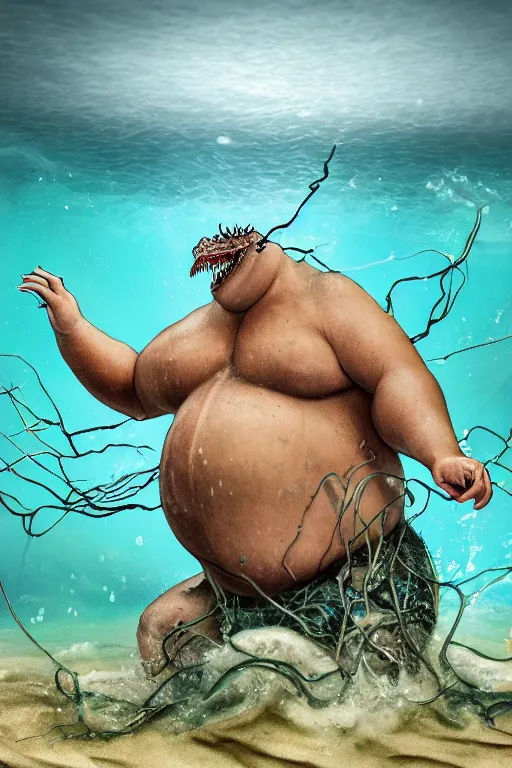 Image similar to high resolution photo of an obese giant fighting sea creature, splash, sand, earth, shells, tree roots, dark clouds, foliage, veins, lightning, big muscles, sweat, slime, troll, fishlike, gills, dragonlike, grown together, overgrown, electronic wires, god rays, dark, skin, plastic wrap,