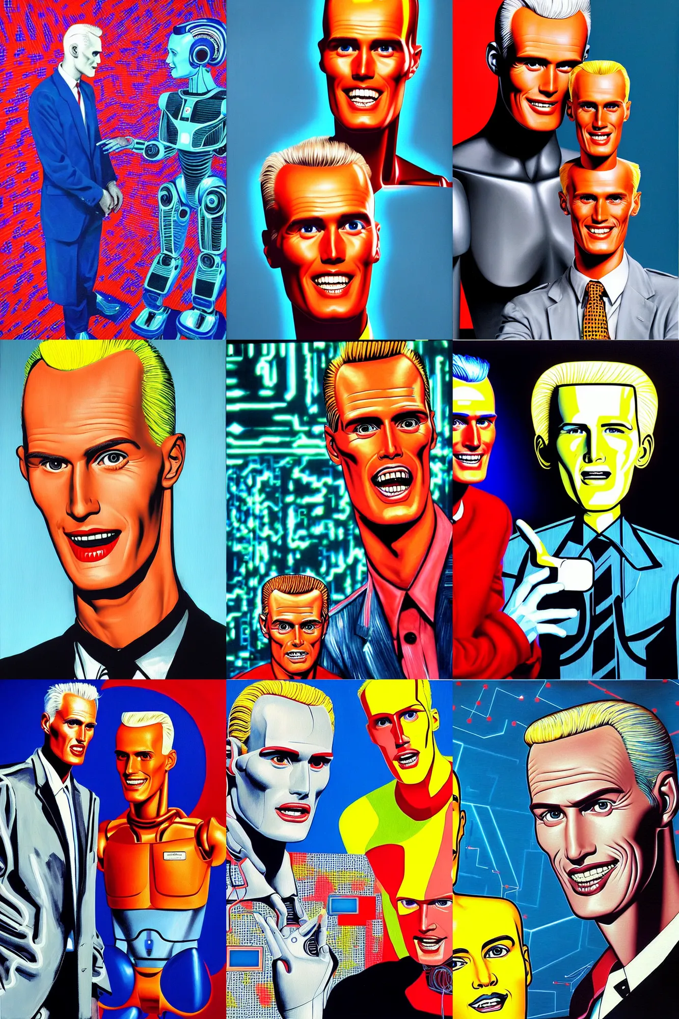 Prompt: max headroom talking to an artificial intelligence in the year 2 0 2 2, looking very delighted, painting by james jean and james gurney