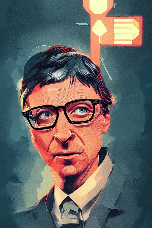 Prompt: full body bill gates overlord, blade runner 2 0 4 9, scorched earth, cassette futurism, modular synthesizer helmet, the grand budapest hotel, glow, digital art, artstation, pop art, by hsiao - ron cheng