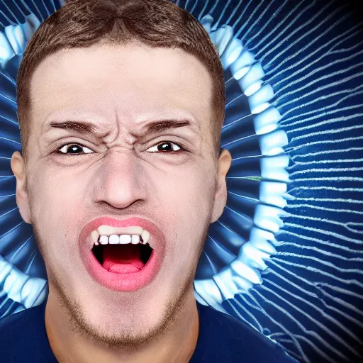 Image similar to man with exaggerated large spiral eyes and drooling mouth under media mind control