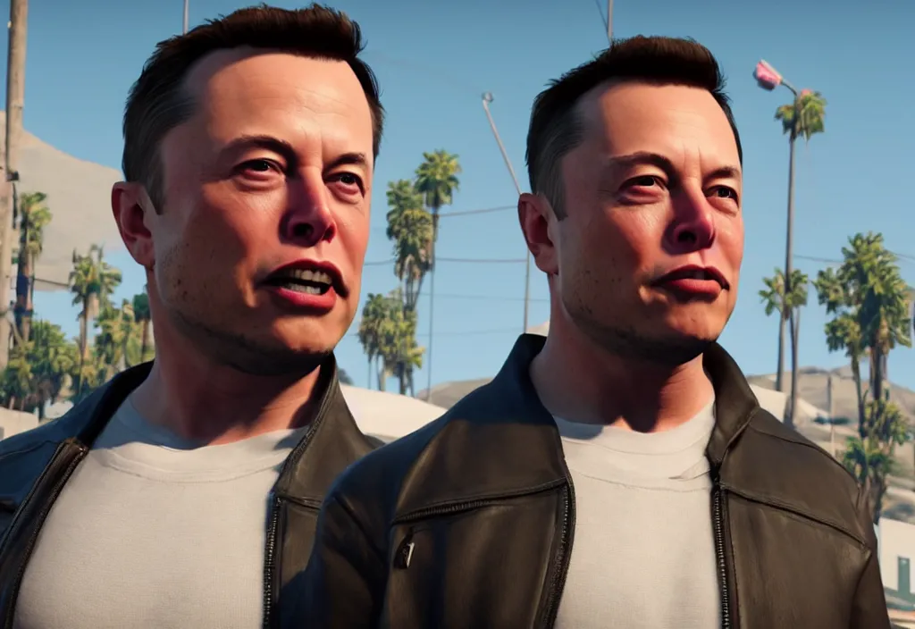 Image similar to elon musk in the video game in gta 5, gameplay screenshot, close up, 3 d rendering. unreal engine. amazing likeness. very detailed.