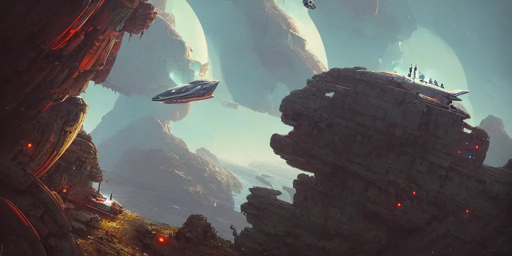 Prompt: A crashlanded spaceship hanging dangerously over a cliff, about to fall, detailed digital matte painting by Greg Rutkowski and Simon Stalenhag