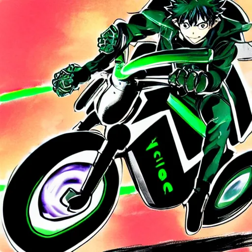 Image similar to Izuku Midoriya riding a electric bike neon, Yoji Shinkawa