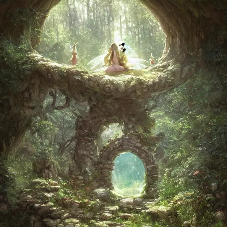 Image similar to Fantasy Magical fairy-tale stone portal in the forest. Round stone portal teleport in trees to other worlds. Fantastic landscape. Magic Altar in the fores, highly detailed, digital painting, artstation, concept art, smooth, sharp focus, illustration, art by artgerm and greg rutkowski and alphonse mucha