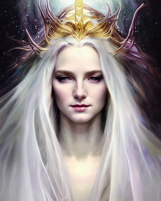 Image similar to realistic portrait of a beautiful white witch, bright witch, dark night, beautiful, heroic pose, beautiful face, magic, dark magic, dramatic lighting, intricate, wild, highly detailed, digital painting, artstation, concept art, smooth, sharp focus, illustration, art by artgerm and greg rutkowski and alphonse mucha, footage from space camera