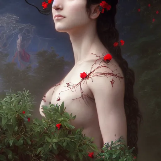 Image similar to goddesses, full body, blood everywhere, bay leafes, tendrils, flowers, intricate, elegant, highly detailed, digital painting, artstation, concept art, smooth, sharp focus, illustration, art by artgerm and greg rutkowski and and william - adolphe bouguereau and stephanie law