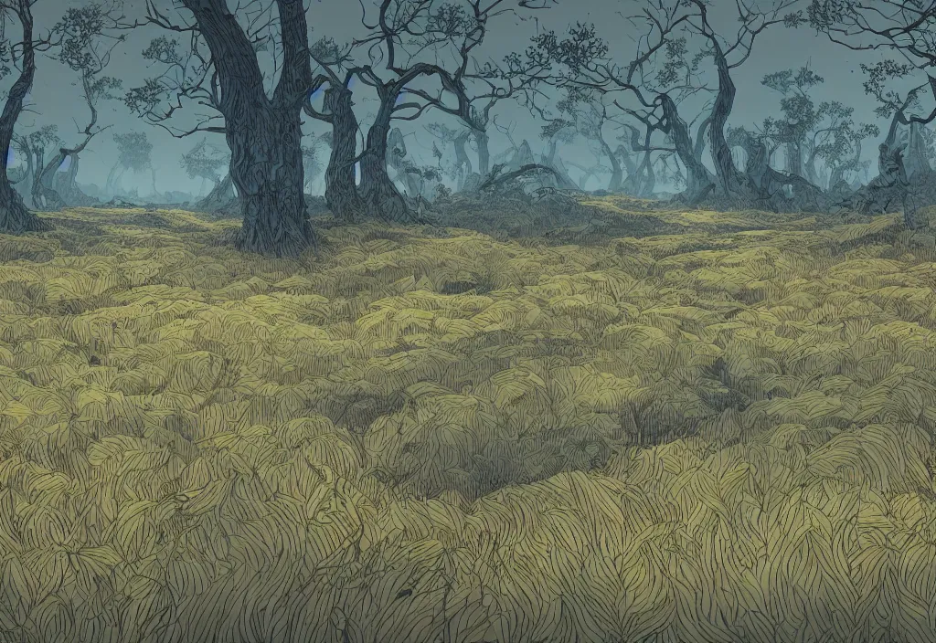 Prompt: handmade illustration of a marshy landscape, line art, ink, watercolor by Kilian Eng and by Jake Parker, winning-award masterpiece, fantastic, octane render, 8K HD Resolution, High quality image