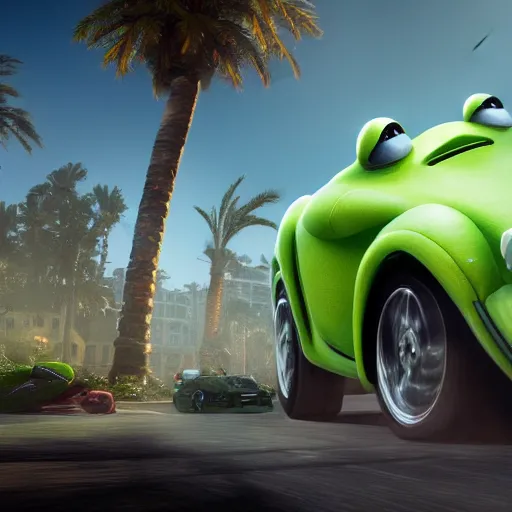 Image similar to kermit driving a mercedes, wlop, palm trees, cinematic lighting, hyperdetailed, 8 k realistic, symmetrical, global illumination, radiant light,, frostbite 3 engine, cryengine, dof, trending on artstation, digital art, chanel