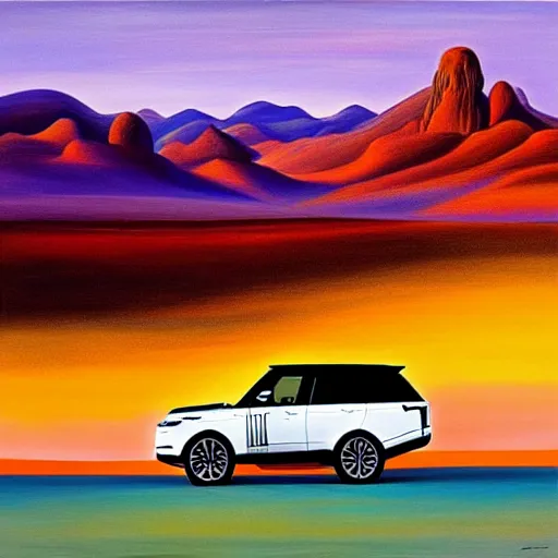 Prompt: a range rover in the desert with mountains in the back during a beautiful sunset in the style of Salvador Dalí, oil on canvas