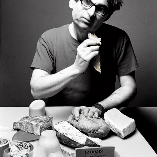 Image similar to steve albini eating a loaf of fresh bread and some good cheese or roast beef, portrait, by francois bucher