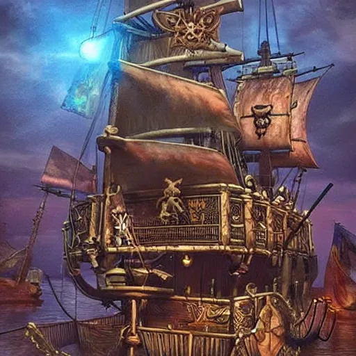 Prompt: pirate themed escape room set on the deck on pirate ship from 1 7 2 0. steampunk and magical colors. trending on artstation, realistic.