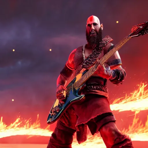 prompthunt: kratos shredding on a flaming stratocaster guitar