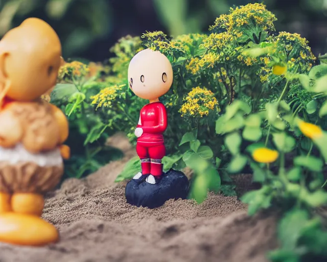 Prompt: 8 5 mm food photography of one punch man near a garden with sand with dof and bokeh and flowers o