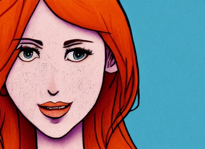 Image similar to portrait Girl with orange hair and freckles, purple background, cute-fine-face, pretty face, simple line, fine details. realistic shaded lighting by disney style,