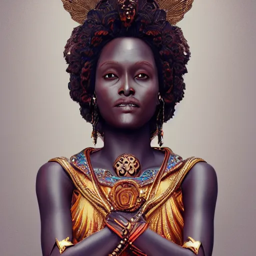 Image similar to Dark skin female goddess of love, three-quarter body, oil on canvas, renaissance, leather, aquamarine, hyper-detailed, 3d octane render , digital art