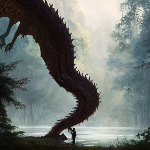 Image similar to a gargantuan dragon idly standing in a forest, peacefully drinking river water, illustrated by max hay and greg rutkowski, trending on artstation, digital art, 4 k quality