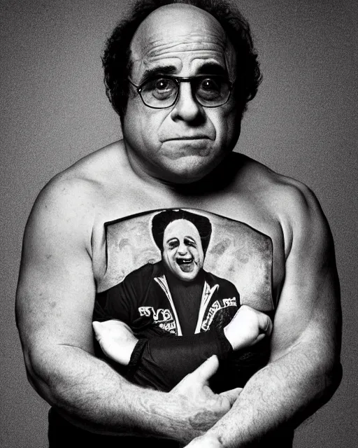 Image similar to portrait of danny devito as a professional wrestler. photographic, photography