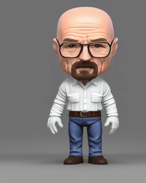 Image similar to full body 3d render of Walter White as a funko pop, studio lighting, white background, blender, trending on artstation, 8k, highly detailed