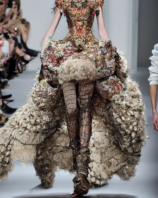 Image similar to fashion model walking down a catwalk, elaborate dress by alexander mcqueen, detailed face, beautiful feminine face, art by julia hetta and giampaolo sgura and pamela hanson and david roemer and mario testino and lara jade and tim walker and cole sprouse