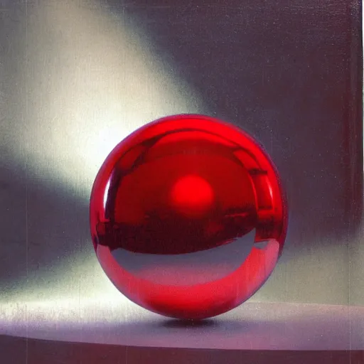 Prompt: chrome spheres on a red cube by john martin
