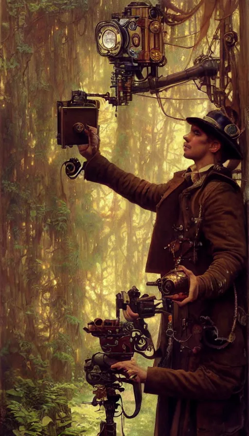 Prompt: hyper realistic photographer looking through camera, magical, steampunk, painted by norman rockwell, tom bagshaw, mucha, gaston bussiere, craig mullins, j. c. leyendecker 8 k