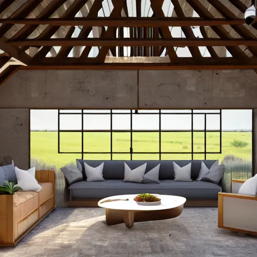 Image similar to interior view of modern futuristic farm barn architecture and interior design showing cows laying down on sofas and pigs and chickens sitting in lounge chairs, wall art, throw pillows, areas rugs, feed troughs, hay, detailed luminescent oil painting 4 k