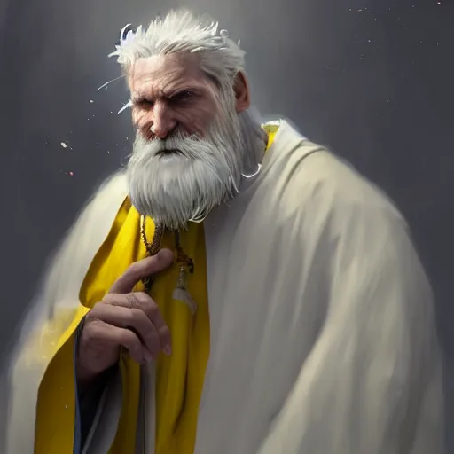 Image similar to 8k an elderly imperial priest with white and yellow vestments a long white beard and a worried and somewhat paranoid expression, by Raymond Swanland Greg Rutkowski Lise Deharm, intricate, masterpiece, sharp, digital art, ArtStation, CGStation, 4k