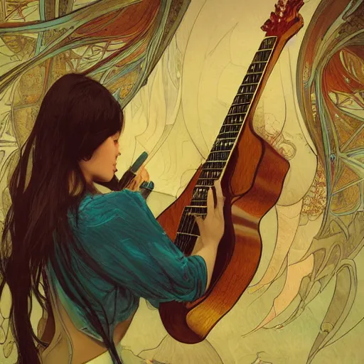 Image similar to guitar being eaten by a large fish, highly detailed digital painting, artstation, concept art, smooth, sharp focus, illustration, art by artgerm and greg rutkowski and alphonse mucha