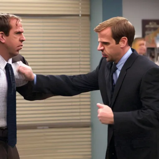 Prompt: character from the office Toby Flenderson punches Michael Scott in the face