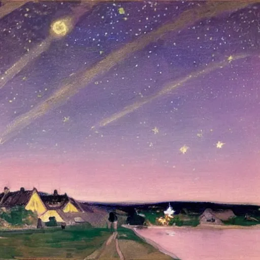 Image similar to A beautiful painting featuring a night sky filled with stars, and a small town in the distance. The painting is very peaceful and calming Pexels, Baker-Miller pink, retrowave by Magnus Enckell, by John Lavery wondrous, Trending on artstation