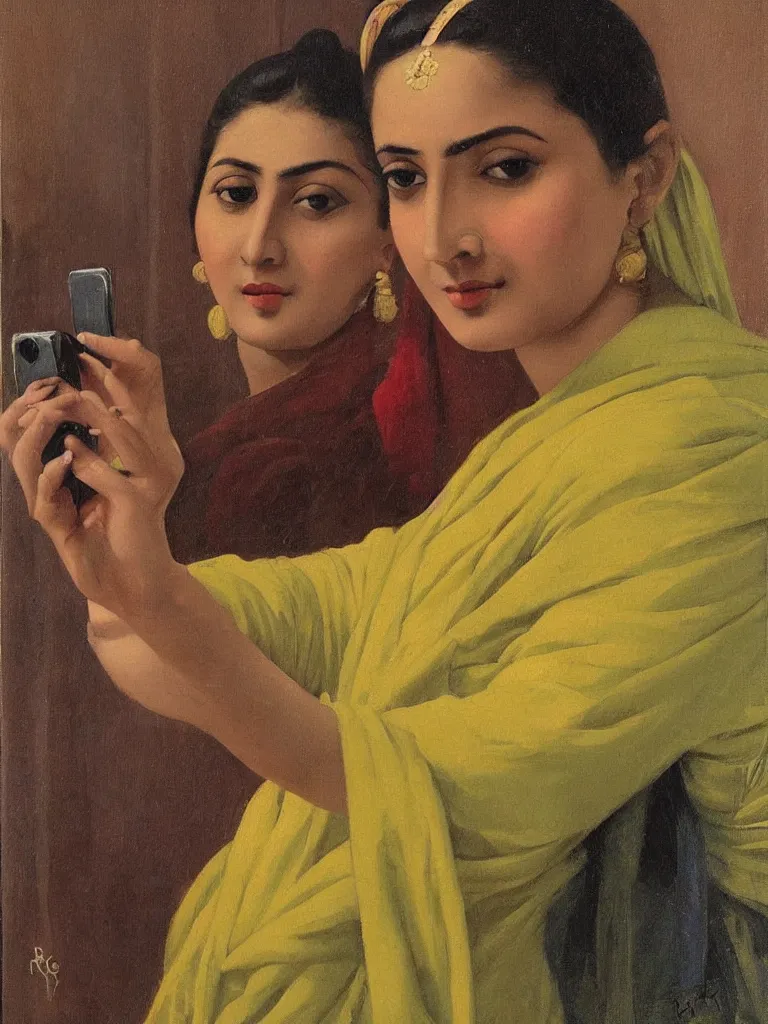 Image similar to a portrait of a lady using iphone and cliking selfie, painting by raja ravi verma