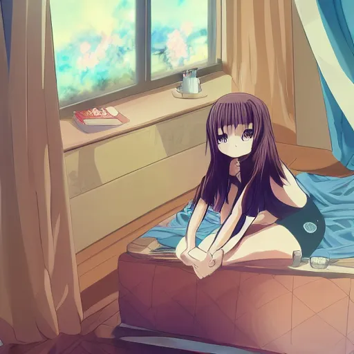 Prompt: cute art of a beautiful anime girl watching tv inside a bedroom, trending on artstation