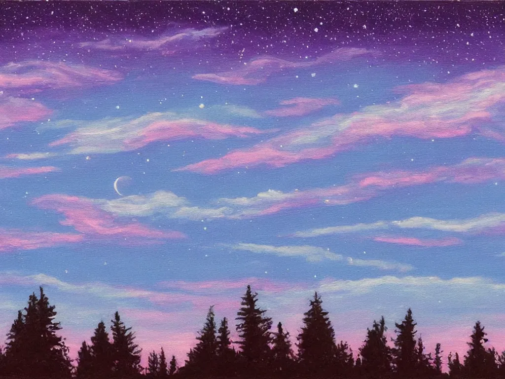 Image similar to painting of night sky in horizontal layers. The top layer has a crescent moon and many stars are in a dark cloudless layer of sky. The middle layer is filled by pink and purple ombre puffy fluffy puffy clouds close to the horizon. the bottom layer of the painting has dark silhouettes of trees forest that merge into the pink clouds above. Artstation. Deviantart.