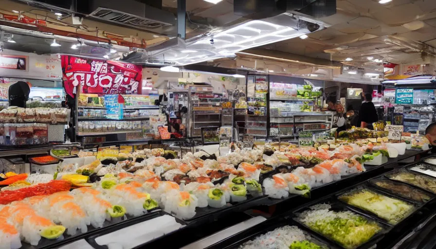 Image similar to A small stand selling sushi stands in a large supermarket that sells groceries, cinematic lighting, commercial photography