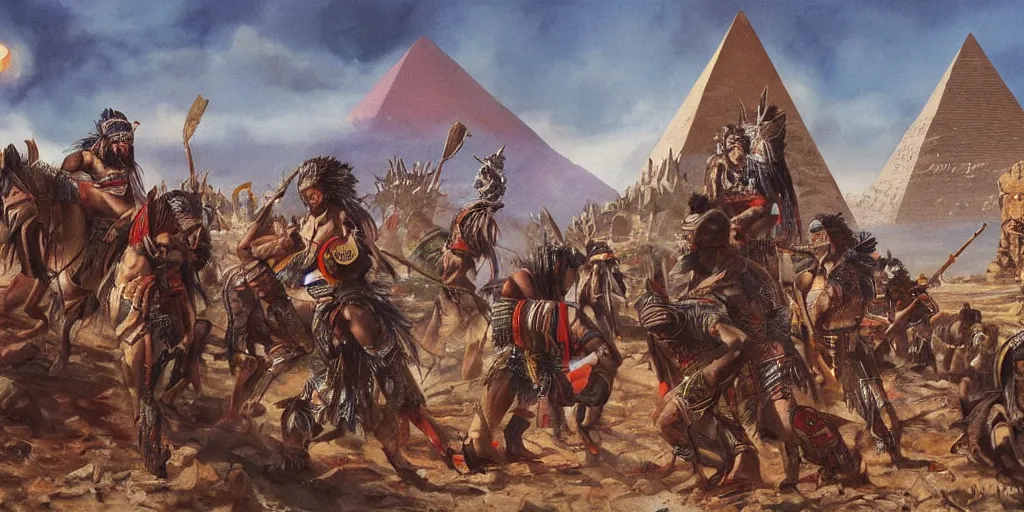 Image similar to simonetti rutkowski painting aztec warriors watching spaceship arriving to pyramid